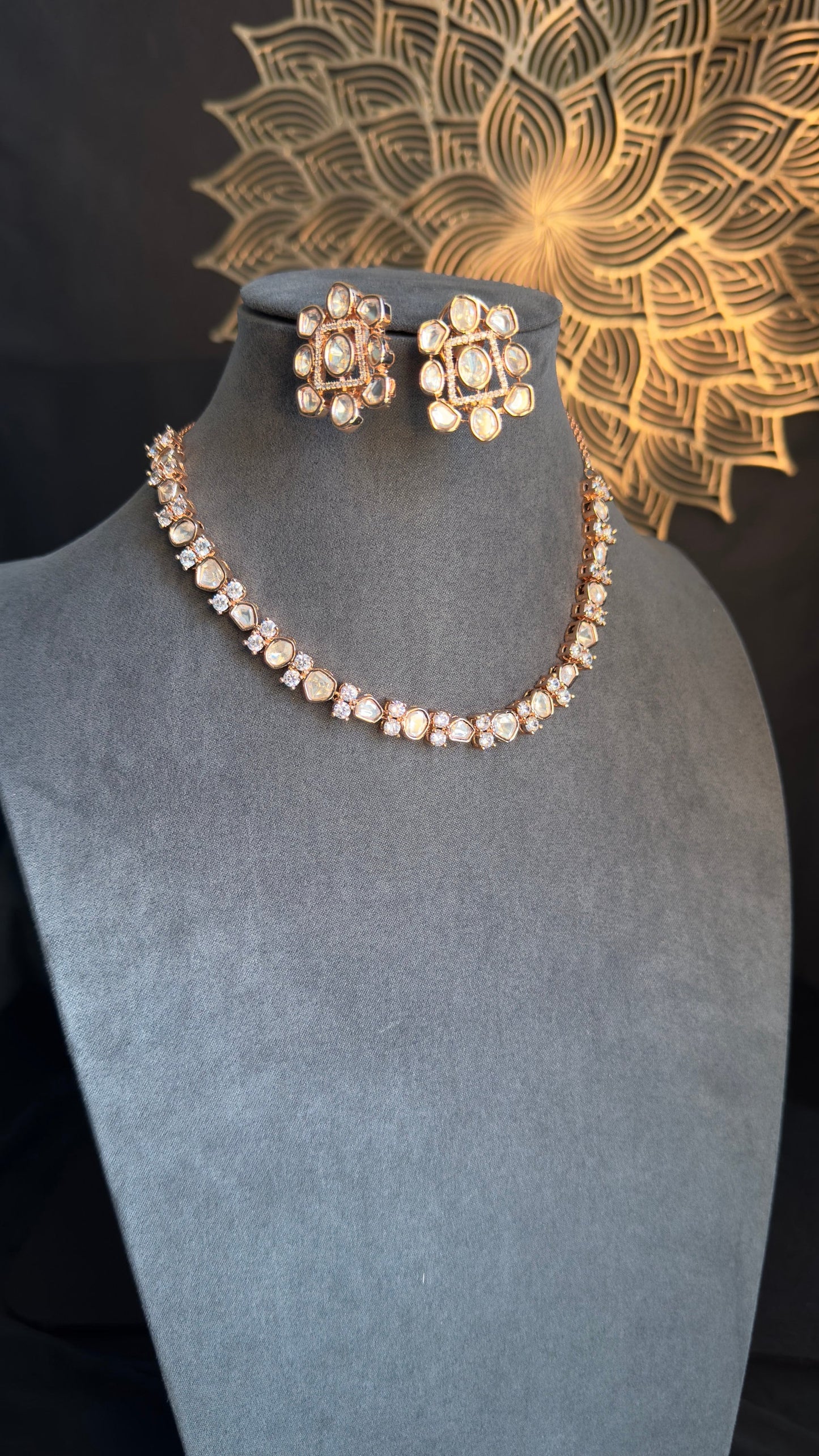 Rose Gold Finish Uncut Polki Necklace with Cubic Zirconia | Indian & Pakistani Jewelry, Matching Earrings, Party Wear