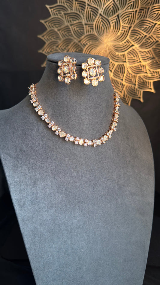 Rose Gold Finish Uncut Polki Necklace with Cubic Zirconia | Indian & Pakistani Jewelry, Matching Earrings, Party Wear