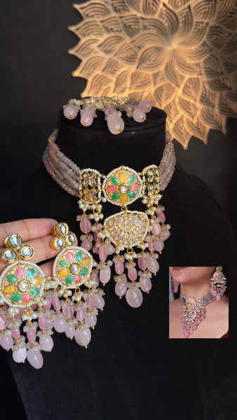 Pastel Gold-Plated Jadau & Meenakari Necklace Set - SPECIAL