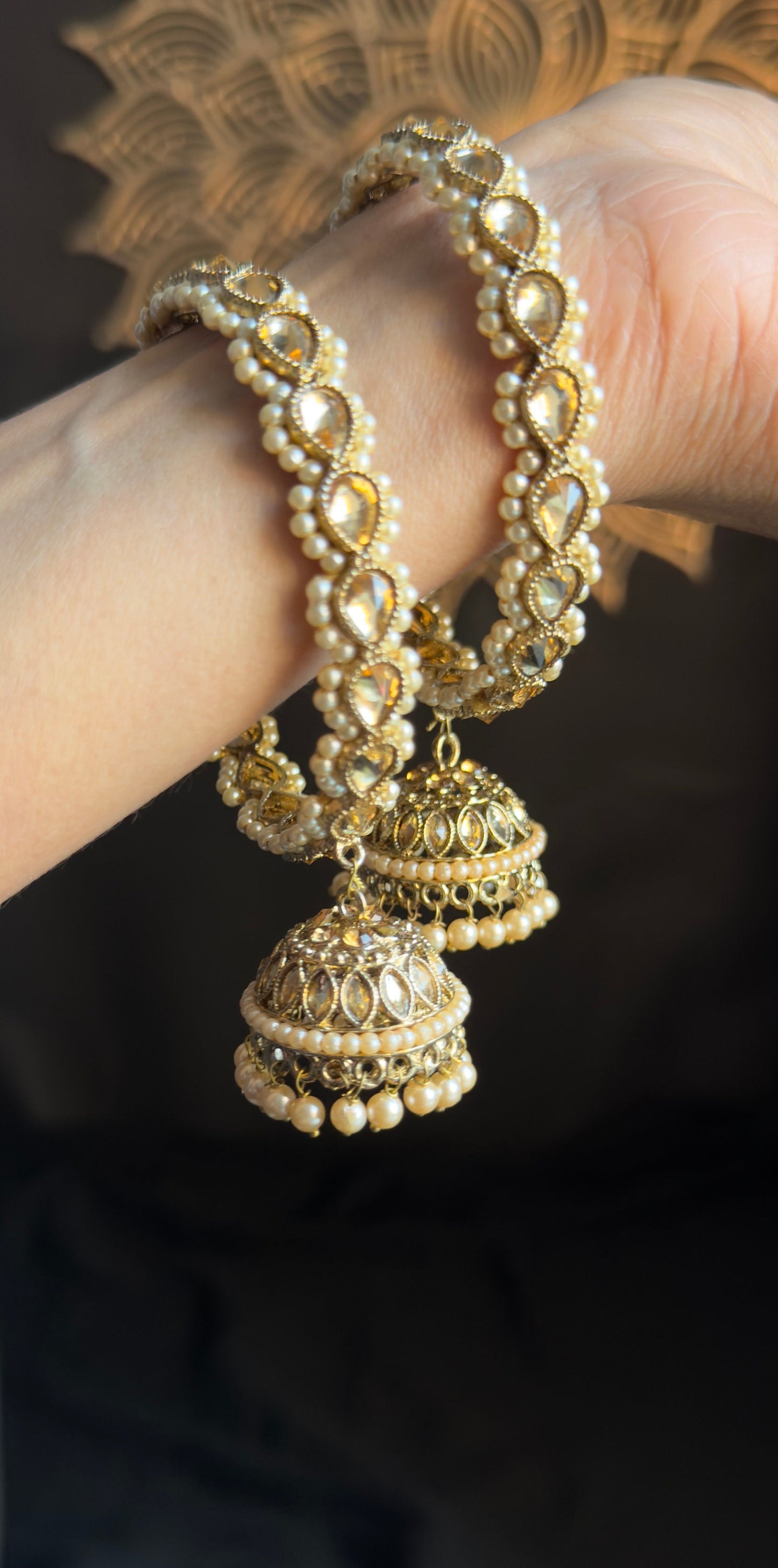 Trendy Jhumka Bangle with Reverse AD Stones and Pearl Beads - Indian & Pakistani Jewelry