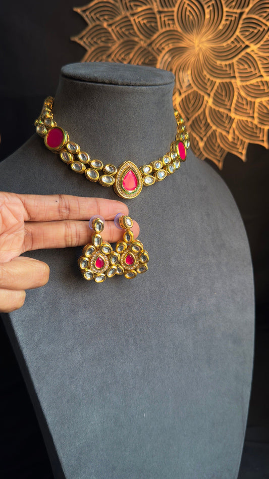 Ruby Kundan Gold Choker Set with Meenakari  - BOLLYWOOD