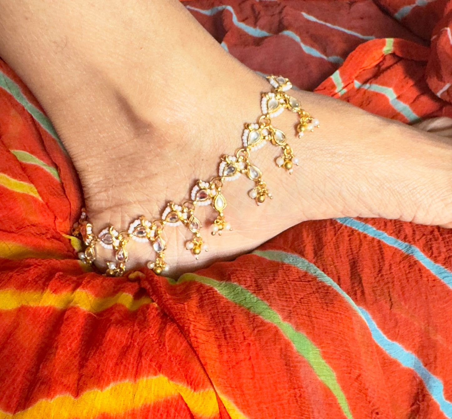 Pearl Kundan Meenakari Anklet with Beads - GOLUSU