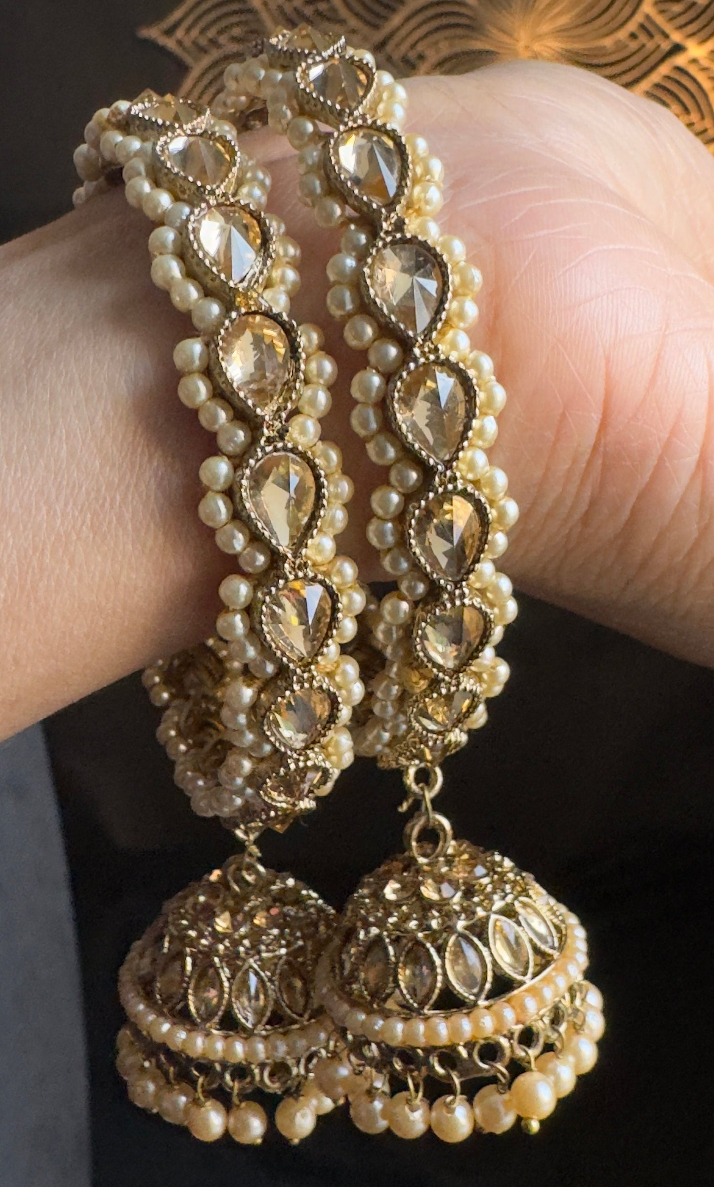 Trendy Jhumka Bangle with Reverse AD Stones and Pearl Beads - Indian & Pakistani Jewelry