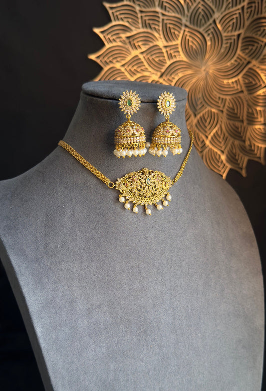 AD Gold Choker Necklace Set Jhumka - BUDGET