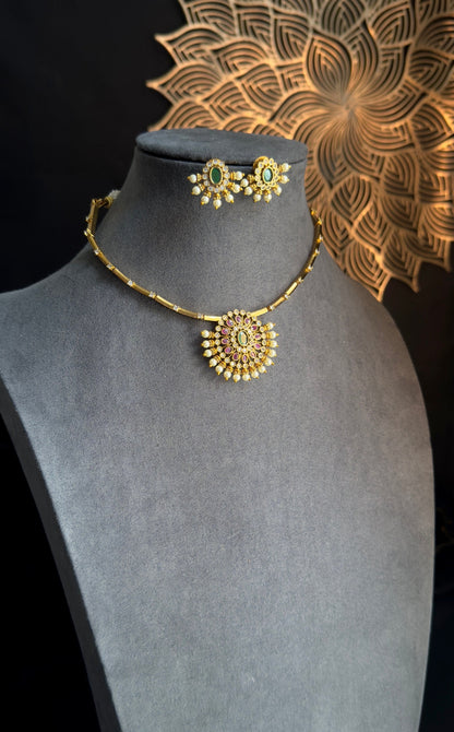  ### Image Alt Text **Example**: ``> Gold Plated Hasli Choker with AD Stones and Kemp Design | South Indian Fusion Necklace