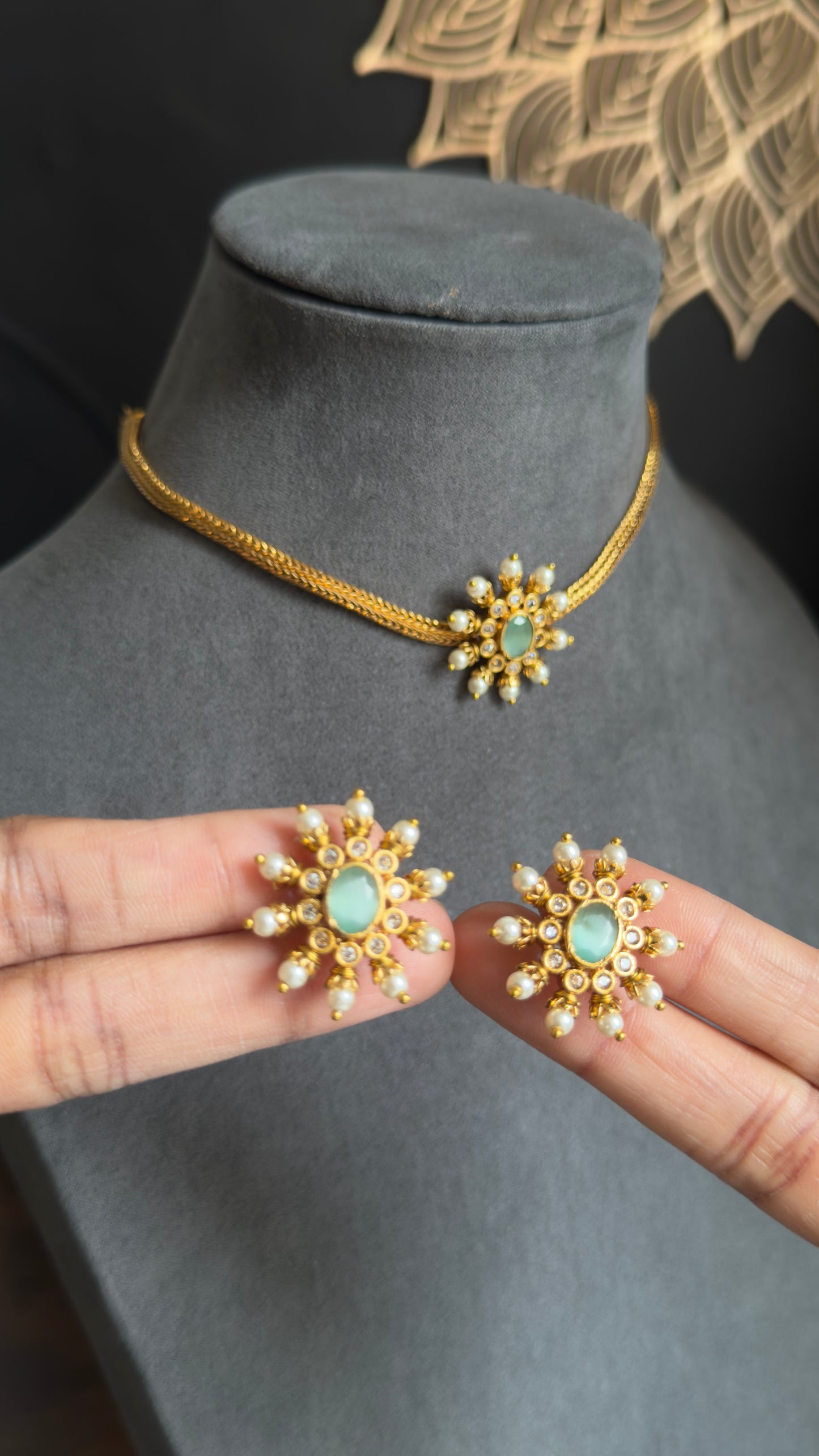 Chakra Pendant Gold Indian Necklace with Stud Earrings