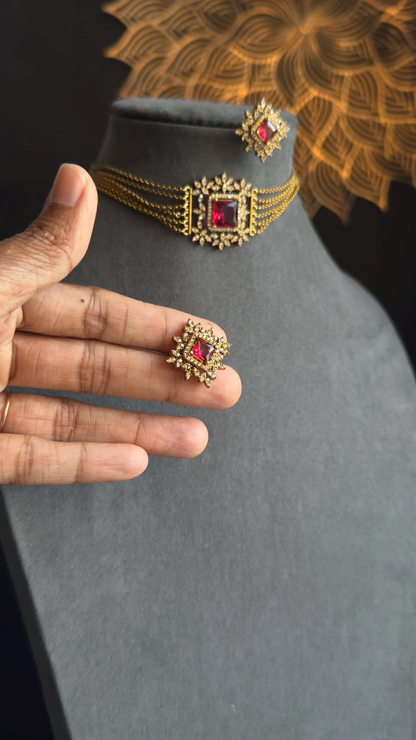 PANOPLY Gold Bead AD layer Party Choker Set South Indian Jewelry with stud and ring - FUSION