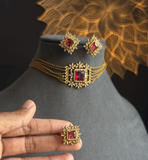 PANOPLY Gold Bead AD layer Party Choker Set South Indian Jewelry with stud and ring - FUSION