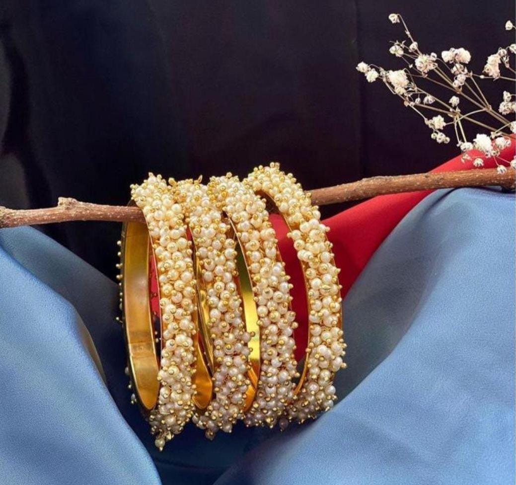 PANOPLY Cluster pearl bridal wedding kundan polki pooth Ganthan kada kangan pakistani Punjabi Indian  bangle for women