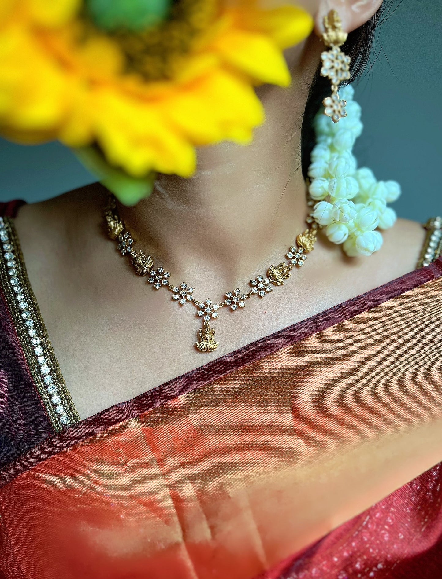 PANOPLY Delicate dainty Lakshmi necklace with earring | jewellery set  | south Indian Jewellery