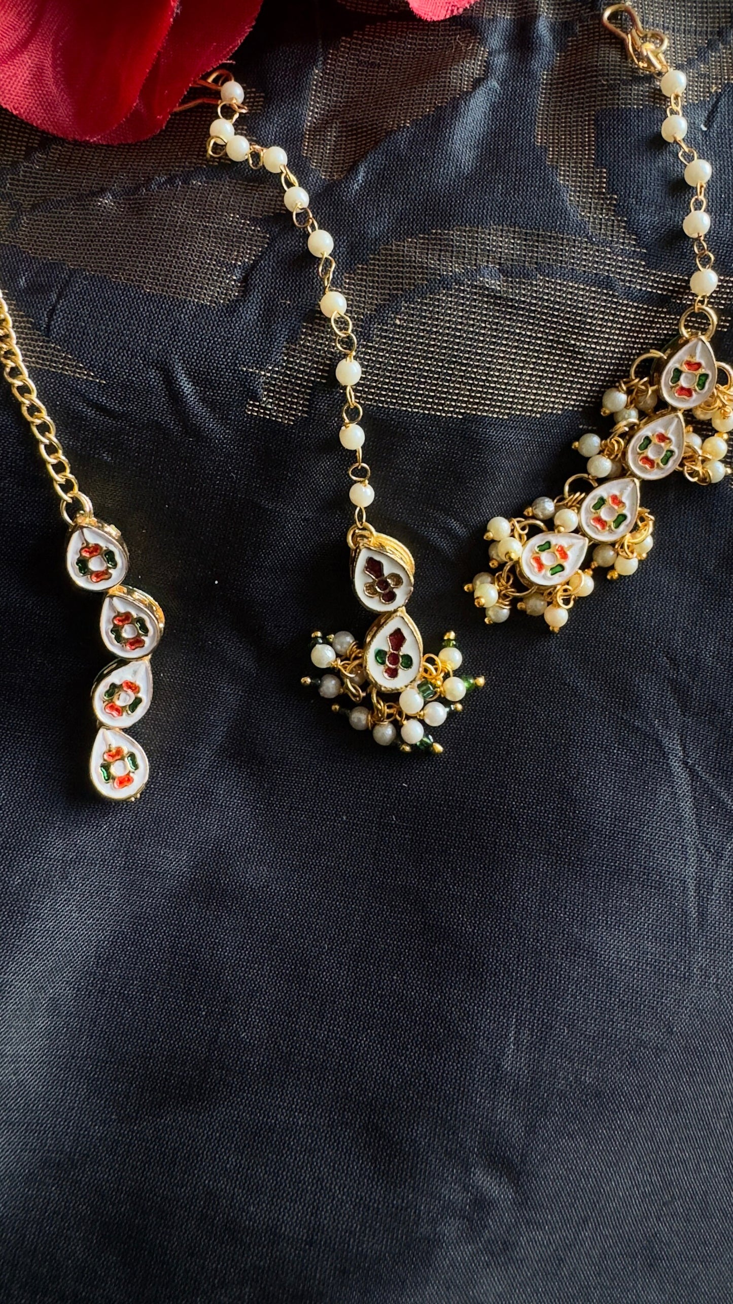 PANOPLY Dainty charm Kundan  tikka with pearl beads women or girls maang tikka/ Kundan meenakari tikka/ forehead jewellery /indian jewelry