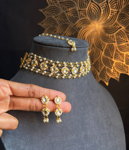 PANOPLY Dainty Gold plated polki and pearl choker set/Rajasthani jewelery/pakistani jewellery/kundan necklace/indian jewellery/polki jewelry