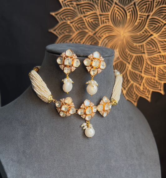 PANOPLY Cluster Gold plated polki and pearl choker set/Rajasthani jewelery/pakistani jewellery/kundan necklace/indian jewelry/polki jewelry