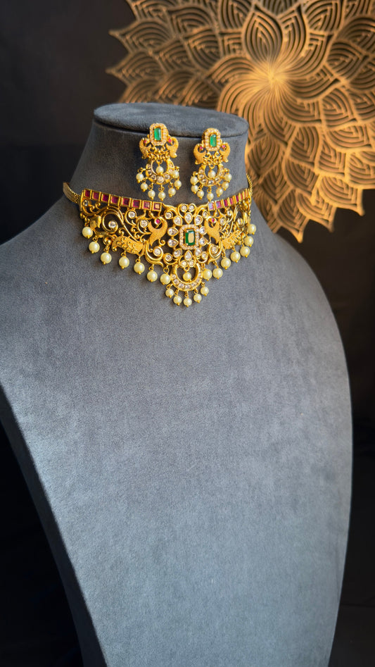 PANOPLY Gold-Plated Peacock craved Ruby & Stone-Studded AD  Jewellery/South Indian jewelry/temple jewel/indian antique set/traditional jewel