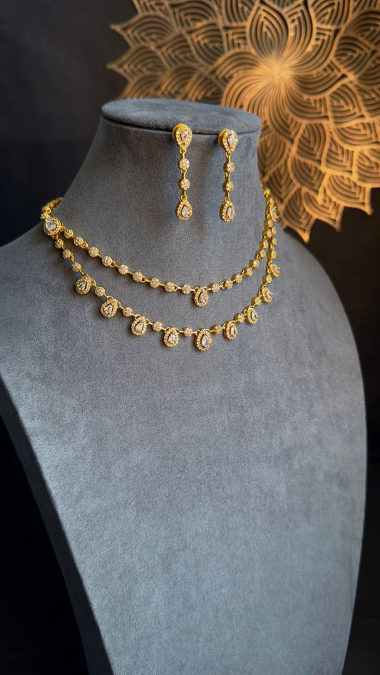 PANOPLY AD gold layered necklace set with dangler | Indian jewelry/gold necklace/gold necklace/white AD necklace/South Indian necklace