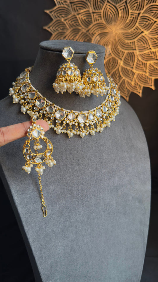 PANOPLY  Mirror cut gold plated kundan choker set | pearl Kundan Choker/ Bollywood jewellery/ Indian Pakistani choker set/ white Pearl choke