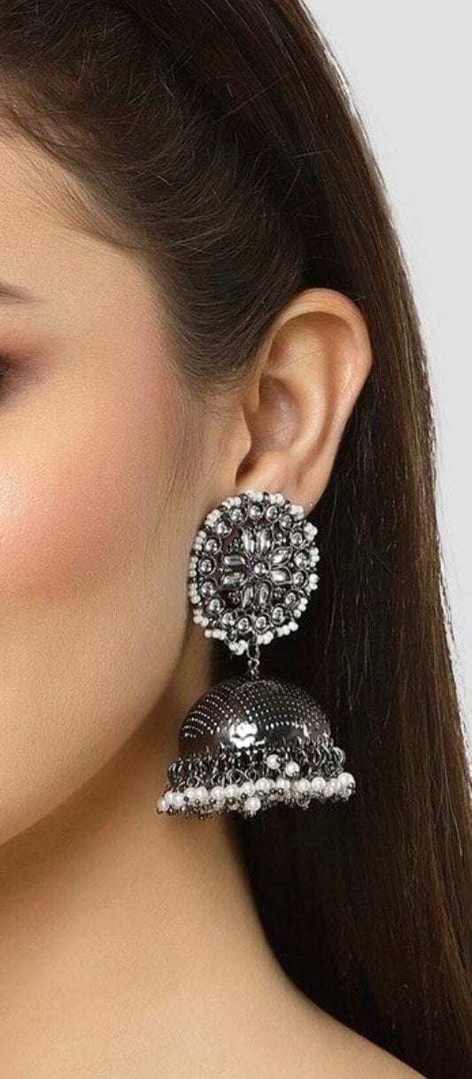 PANOPLY Bollywood Black metal hastha dome shaped jhumki earring/ Indian Earrings/ pearl  jhumka /Pakistani Earrings / bollywood Earrings