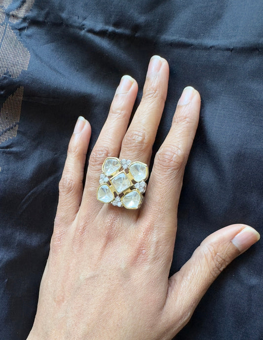 PANOPLY Polki kundan silver Polish finger ring | indian adjustable finger ring | indian jewelry
