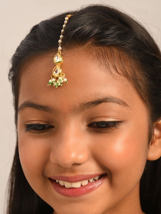 PANOPLY Dainty charm Kundan  tikka with pearl beads women or girls maang tikka/ Kundan meenakari tikka/ forehead jewellery /indian jewelry