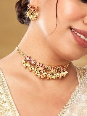 South Indian Symbol of purity- Lotus Gold-Plated kemp choker necklace jewellery antique traditional kemp jewelry