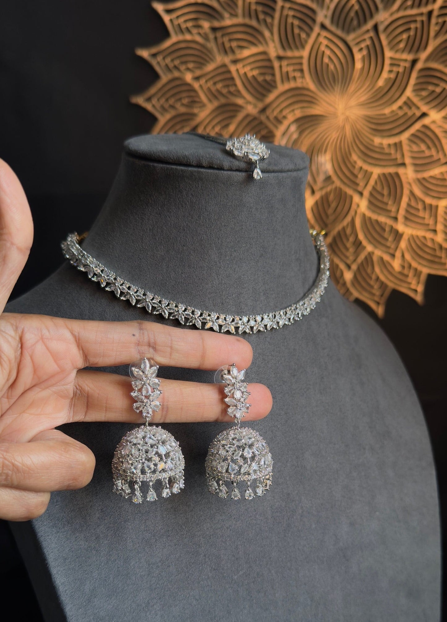 Chic Silver Necklace Set Jhumka & Tikka - INDO WESTERN