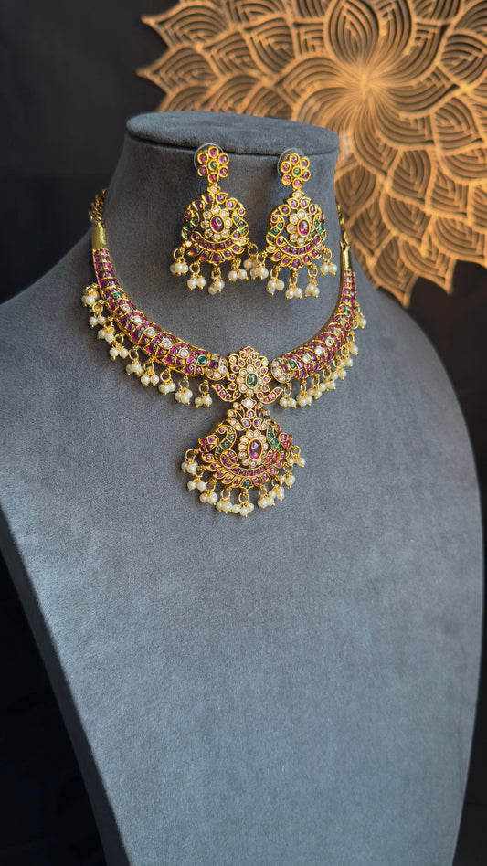 PANOPLY Traditional Gold-Plated traditional Ruby/South Indian jewelry/temple jewelry/indian antique set/traditional jewel/short necklace