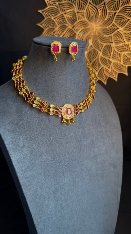 PANOPLY Layered Gold-Plated traditional Ruby kemp/South Indian jewelry/temple jewelry/indian antique set/traditional jewel/short necklace