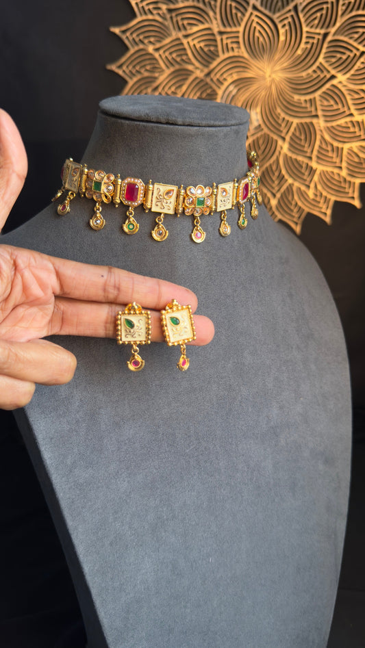 PANOPLY Fusion Gold Matt rajwadi traditional choker Jewellery Set studded with reverse AD| Polki Bollywood jewelery/pakistani jewelry/indian