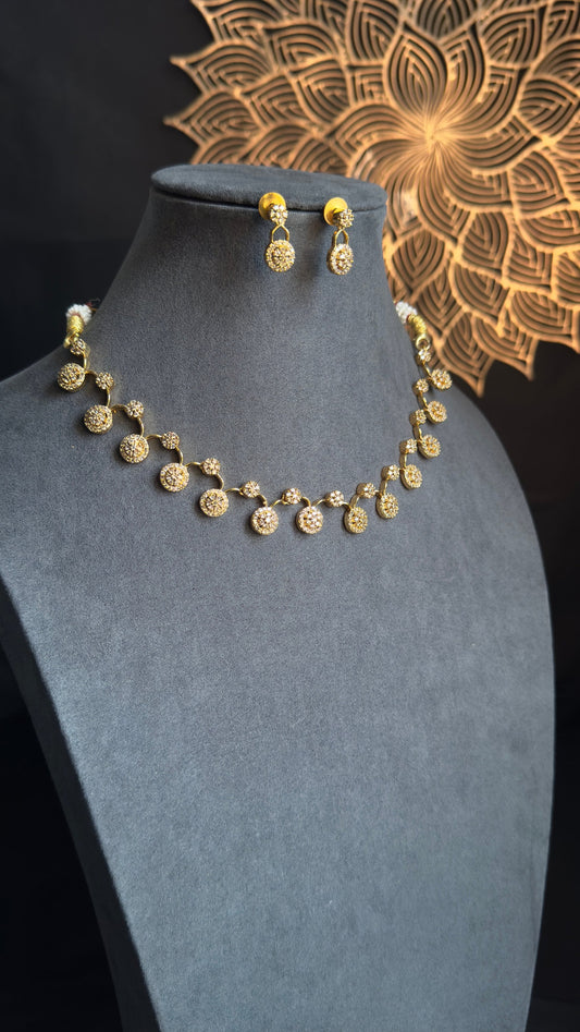 PANOPLY AD gold flower necklace set with drop earrings |south Indian jewelry/pakistani gold necklace/gold necklace/white AD necklace/