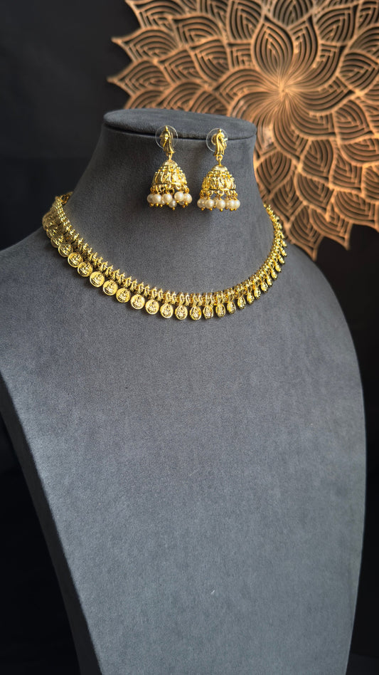 PANOPLY Kerala style Bright gold goddess Lakshmi kasumala necklace |south Indian Jewellerytemple jewel/indian antique set/traditional jewel/