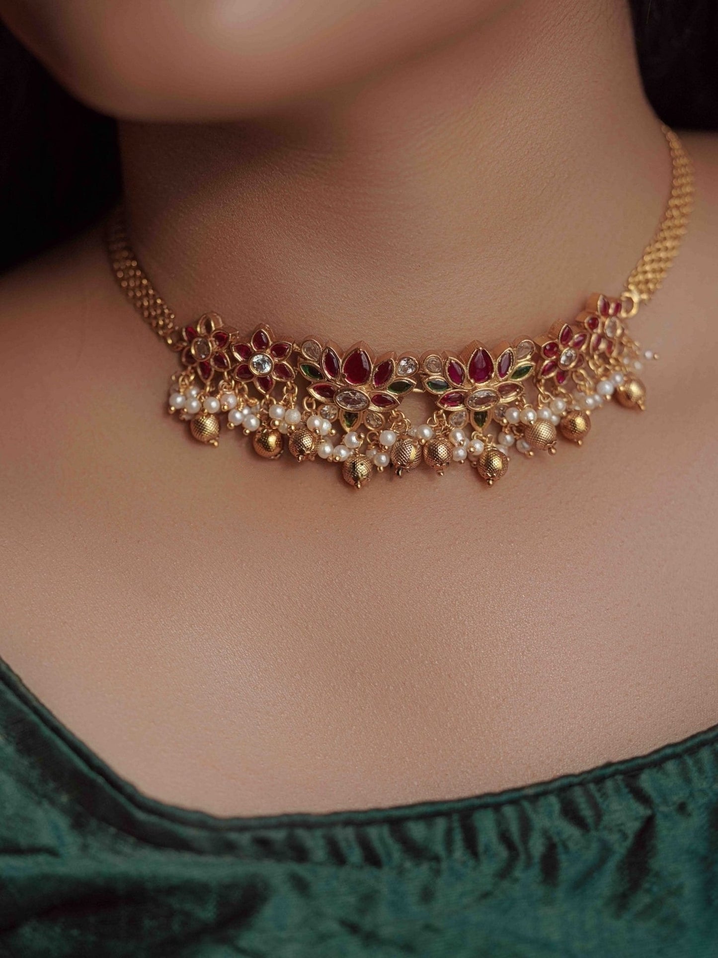 South Indian Symbol of purity- Lotus Gold-Plated kemp choker necklace jewellery antique traditional kemp jewelry