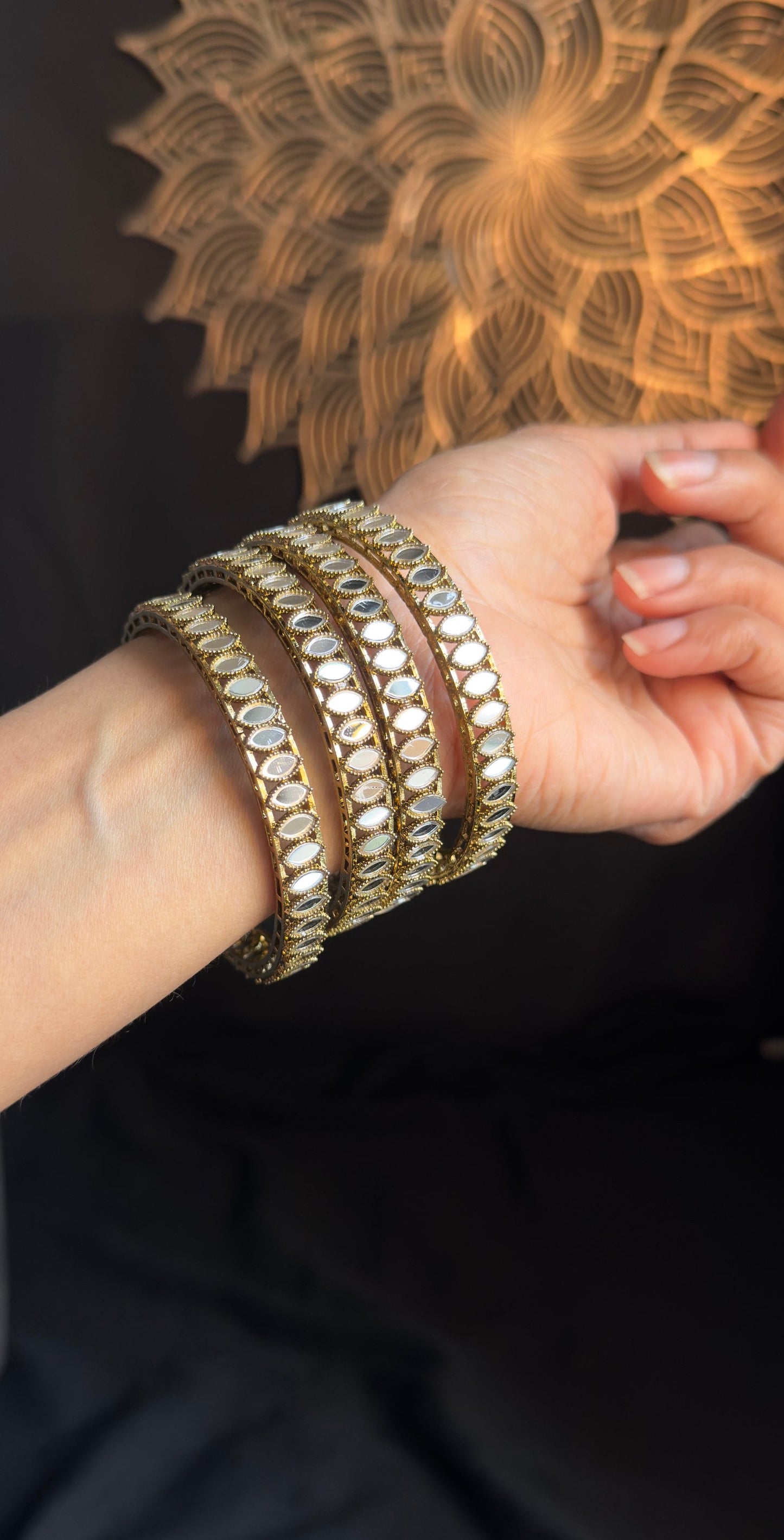 PANOPLY Sheesh mirror Bangle |Traditional Indian wedding jewellery,Gold tone mirror jewellery, Gold polish bangles Latkan Bangles